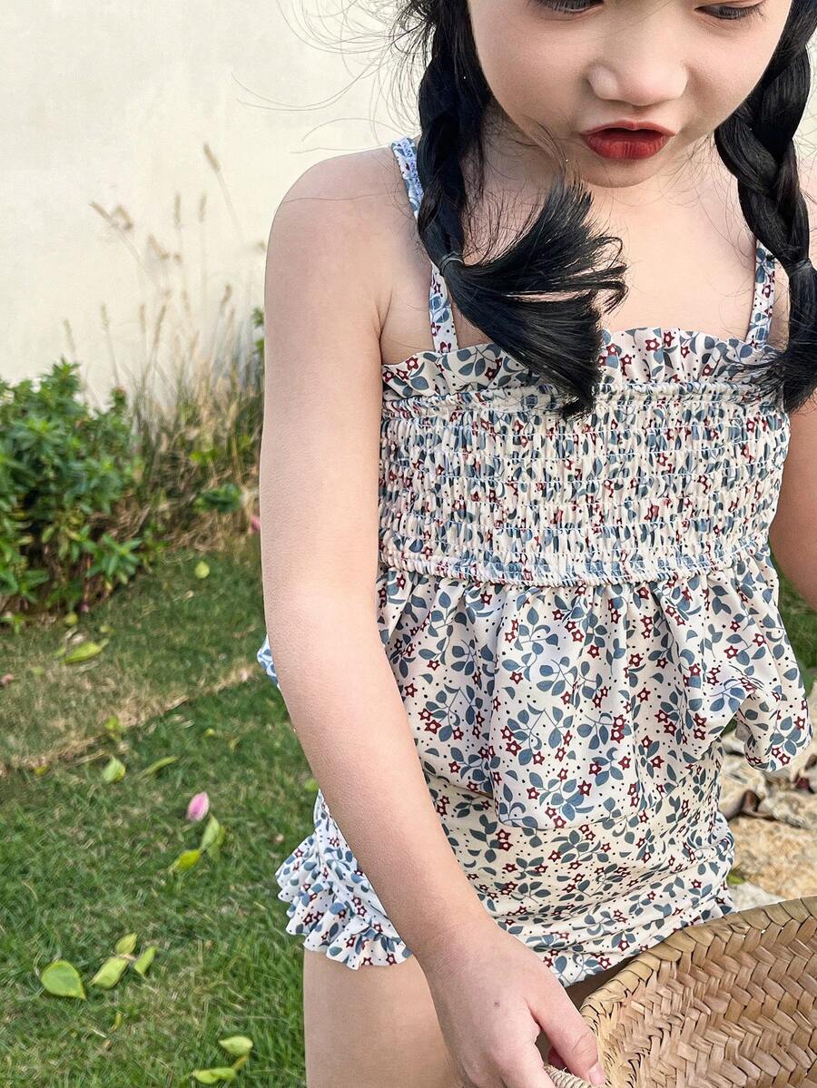 Dazy Kids 年轻女孩吊带印花坦克泳衣套装（上下装）度假 - 米色 - 查看 1