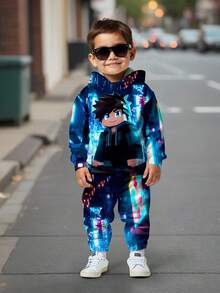 SHEIN 2pcs/Set Boys Loose Fit Casual Cyberpunk Graphic Pixel Man Print Hoodie Sweatshirt Set, & Comfortable - Multicolor - View 2