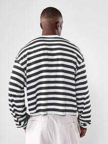 SUMWON Crop Fit Essential Long Sleeve Horizontal Striped Crew Neck Tee For Everyday Casual Wear - Grey - View 2