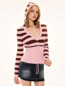 ROMWE Avant Retro Sweetheart Contrast Striped Deep V-Neck Long Sleeve Sweater For Women - Multicolor - View 5