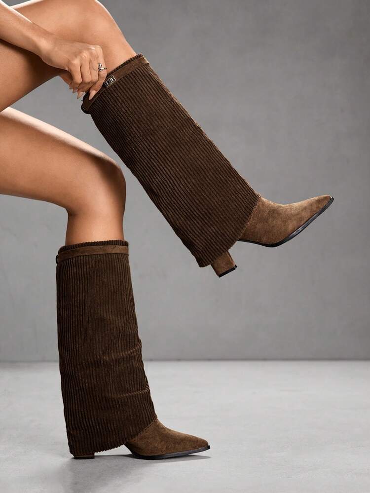 CUCCOO SZL Women's Pointed Toe Chunky Heel Suede Western Boots With Fringe, Slim Fit Tall Boots For Christmas