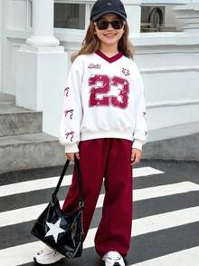 Sparklyn 两件套少女V领长袖T恤，印有23个字母和数字，搭配阔腿裤，舒适休闲运动风，适合春秋季穿着。 - 紅色 - 查看 3