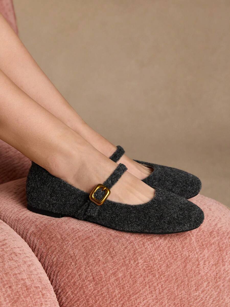 Rosivie Giày bệt trang trí khóa cổ điển dành cho nữ, đa năng và thanh lịch, mùa xuân/hè, phong cách Anh - Màu xám đen - Xem 1