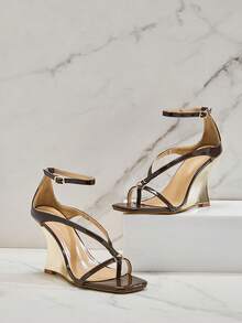 SHUZIA 女士优雅舒适露趾金属坡跟人字拖 - 巧克力棕 - 查看 3