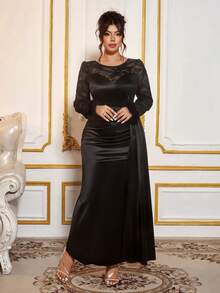 Cravure Robe de soirée élégante pour femme, en tissu de dentelle avec garniture de plumes aux poignets, design de taille cintrée, longueur maxi fluide, automne/hiver - Noir - Voir 3