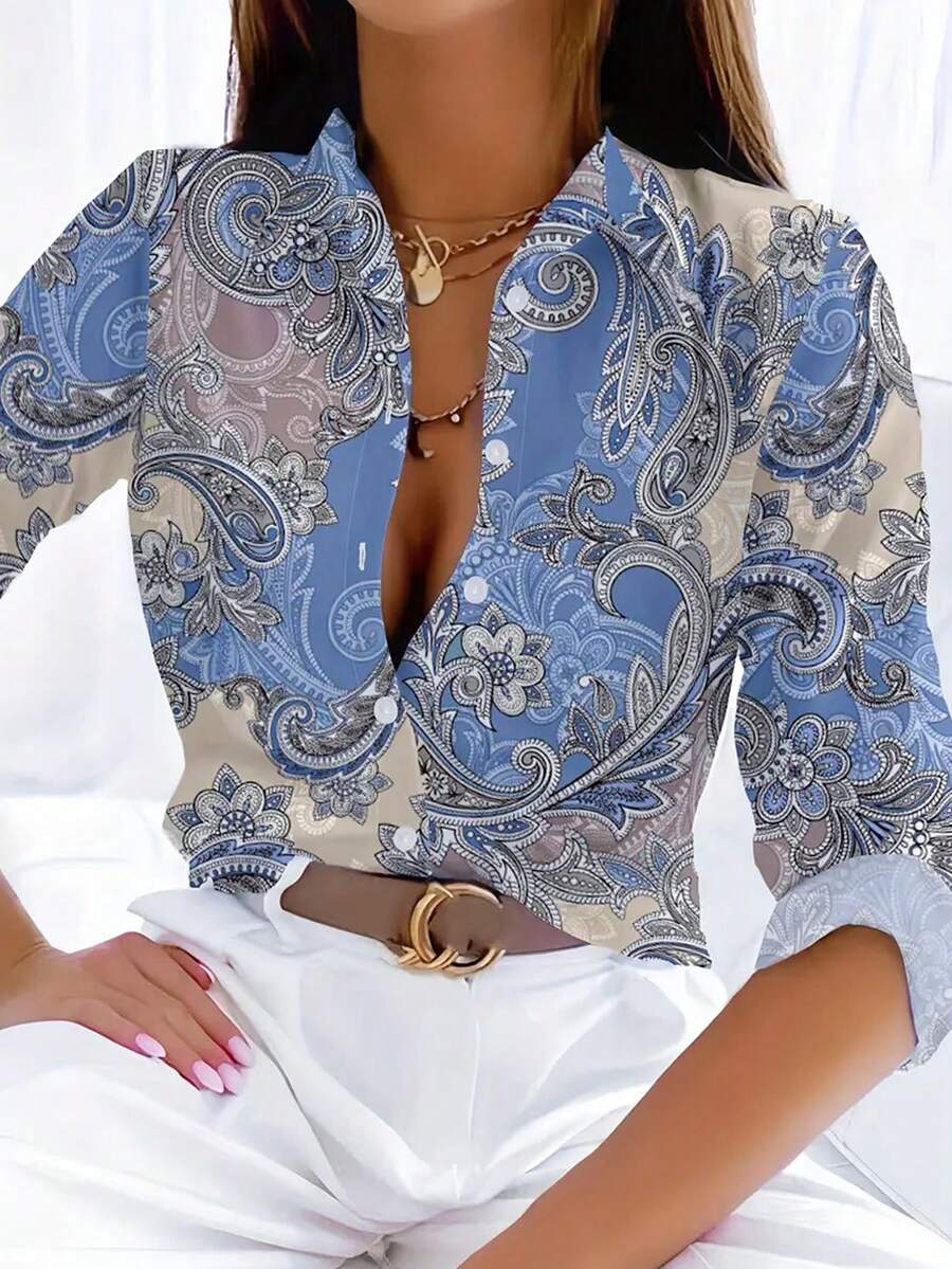 EMERY ROSE 女士优雅佩斯利印花长袖衬衫 - 波西米亚风,纽扣衬衫,蓝米色花卉图案,休闲又不失时尚,适合所有季节,女装 - 彩色 - 查看 1