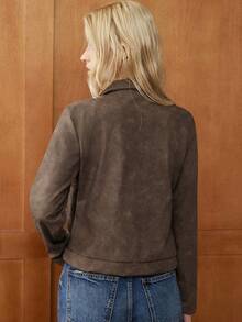 Écloséra Elegant Retro Brown Fashion Asymmetrical Collar Four-Button Long Sleeve PU Zipper Thin Jacket For Women, Spring/Autumn - Coffee Brown - View 2