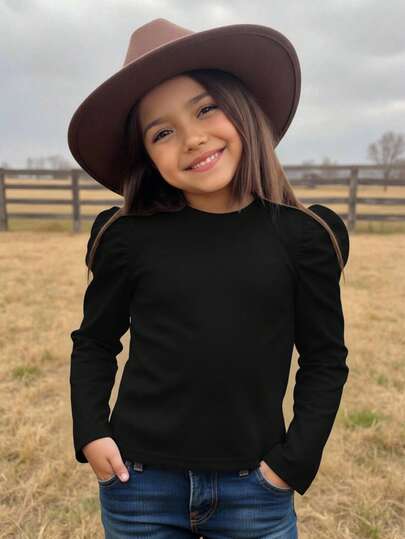 SHEIN Emery Rose Kids Young Girl Chic Casual Elegant Commuting Gigot Sleeve Fitted Long Sleeve T-Shirt, Autumn Tee Fall ,Mom And Daughter & Sisters  Matching