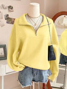 Lalippa 女士宽松半拉链门襟保暖内衬卫衣 - 黃色 - 查看 7