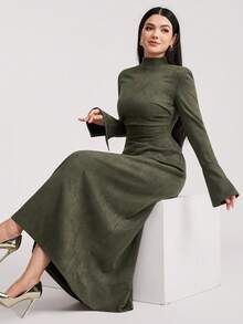 Veilorie Đầm dài tay ôm dáng màu trơn thanh lịch dành cho nữ - màu xanh lá - Xem 7