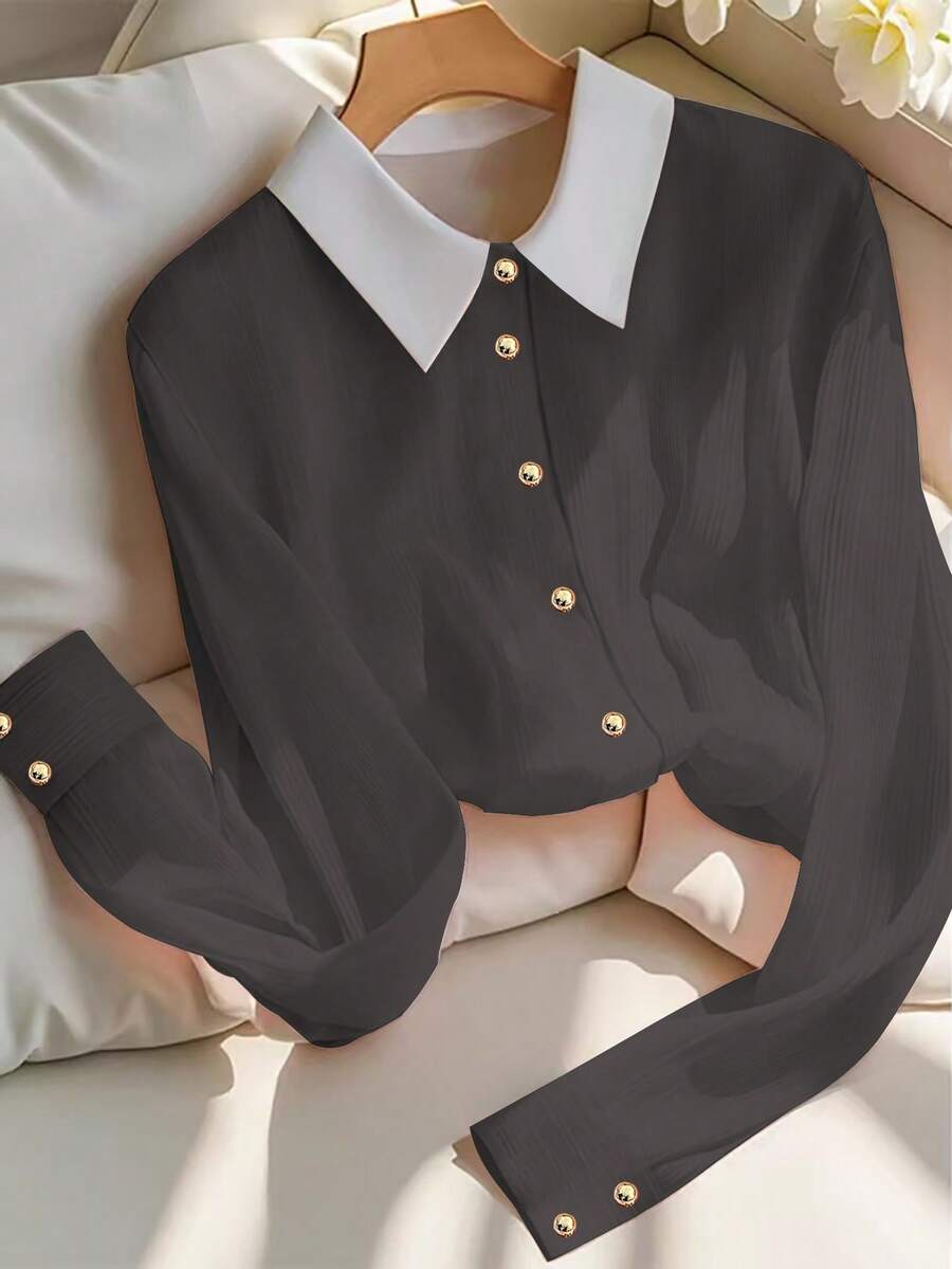 Franclia Elegant Fitted Front Button Down Collar Long Sleeve Gold Button Meteor Fabric Pink Women Blouse, Spring/Autumn