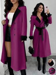 Elenzga Abrigo de trinchera de mujer con diseño de cuello de contraste, doble botonadura, cintura ceñida, elegante, casual, de uso versátil para trabajo, vacaciones y negocios, de manga larga, en color blanco crema y albaricoque, para otoño/invierno