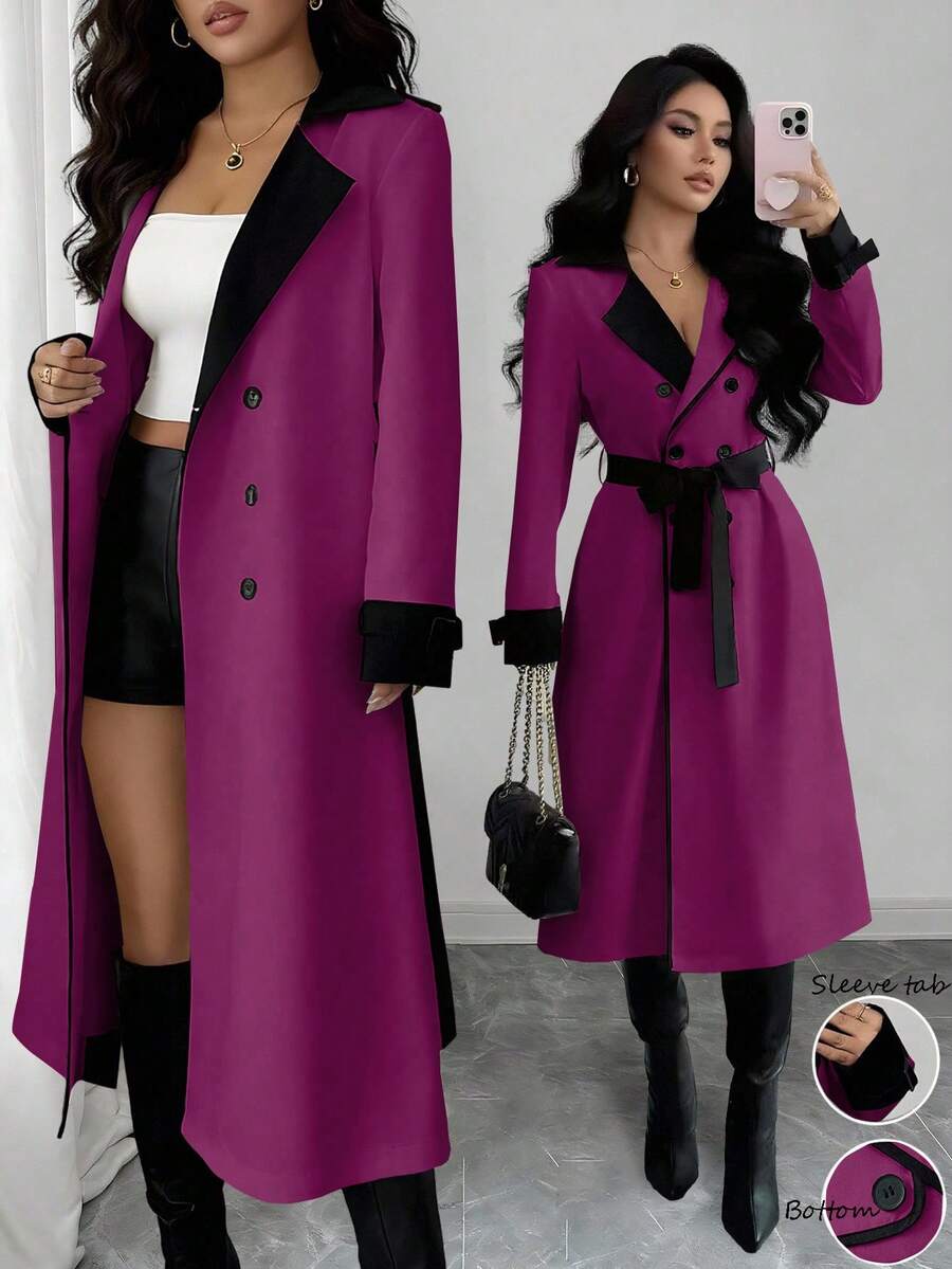 Elenzga Women's Contrast Collar Design Double-Breasted Cinched Waist Waist Elegant Casual Commute Fashion French Versatile Holiday Business Trench Coat, Cream White & Apricot, Long Sleeve, Autumn/Winter - Purple - View 1