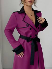 Elenzga Women's Contrast Collar Design Double-Breasted Cinched Waist Waist Elegant Casual Commute Fashion French Versatile Holiday Business Trench Coat, Cream White & Apricot, Long Sleeve, Autumn/Winter - Purple - View 6