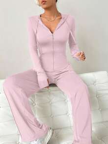 SHEIN EZwear 緊身帽衫配直筒褲,休閒運動套裝 - 粉色 - 查看 3