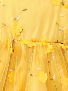 SHEIN Sparklyn Tween Girl Elegant Party Floral 3D Embroidered Mesh Strap Dress - Yellow - View 5
