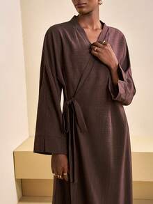 Zivah 2026 Spring And Summer New Commuter Casual Old Money Style Loose Brown V-Neck Wrap Lace Long Sleeve Women Maxi Dress, Suitable For Travel, Shopping, Commuting, Dating, Party, Gathering, Brunch Clothing, Airport Wear, Christmas, New Year, Festival,Church Outfits Women-E - Brown - View 7