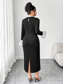 Elenzga Women's Elegant Ruffle Trim Contrast Button Knit Bodycon Maxi Dress, Office Workwear, Little Black Dress, Autumn Ladies Clothing Button Dress Bodycon Midi Dress Elegant Midi Dress Long Sleeve Elegant Dress - Black - View 2