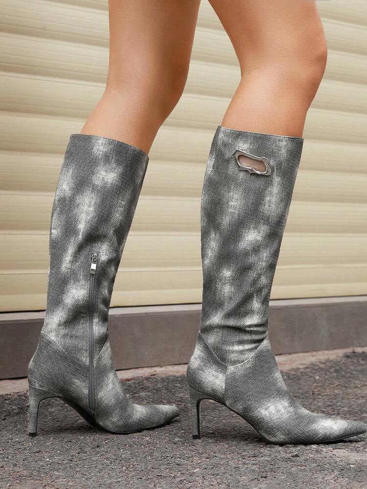 Women's Tie-Dye Pointed Toe Side Zipper Design Fashion High Heel Mid-Calf Boots