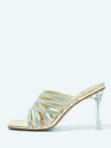 Gold All Rhinestones Shining Women's Square Toe Glass High Heels - Gold - View 7