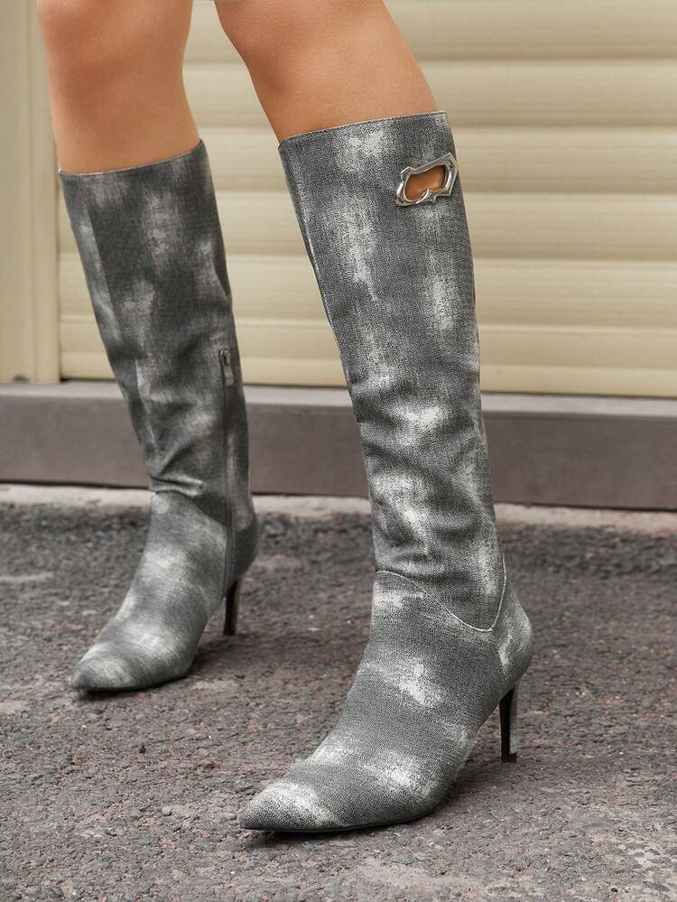 Women's Tie-Dye Pointed Toe Side Zipper Design Fashion High Heel Mid-Calf Boots