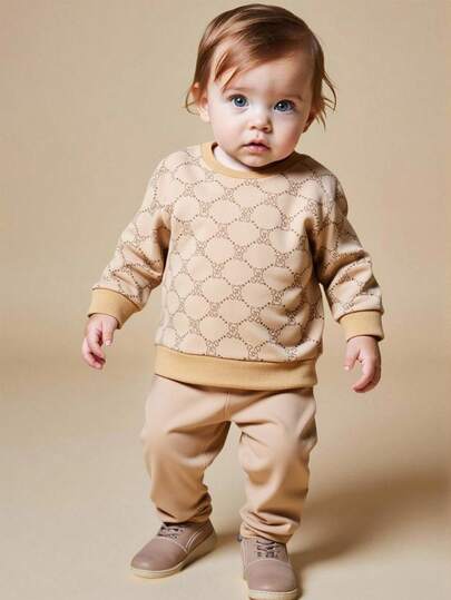 Souflis Souflis Bộ 2 món/Bộ đồ phong cách Pháp cổ điển thu đông 2025 mới in hình gấu dễ thương áo dày và quần dài kết hợp thường ngày, thích hợp cho các buổi đi chơi, đi học, nhiều dịp, cho bé trai mới biết đi