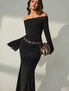Lyxana Long Flare Sleeve Off Shoulder Contrast Lace Elegant Casual Vacation Dress For Women, Autumn/Winter - Black - View 6