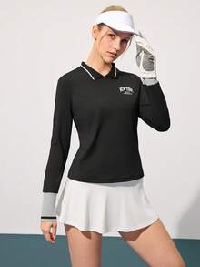 CourtClass 女士字母印花高尔夫球衫，长袖，翻领 - 黑色 - 查看 3