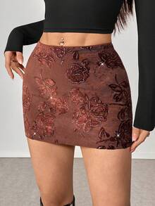 Franclia Jupe marron pour femmes, printemps et automne, avec imprimé floral tie-dye pailleté en maille. Jupe mini, jupe hanches, jupe à motif floral brodé en maille brillante. Jupe courte pour femmes, convient pour la rue, les soirées sexy, les fêtes, les sorties, Noël, Halloween, Nouvel An et autres jupes courtes pour femmes en hiver, Noël, Nouvel An, Thanksgiving. - Acajou - Voir 5