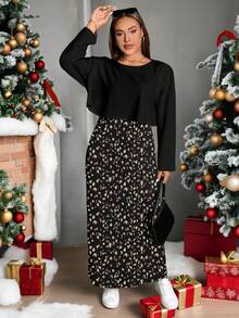 SHEIN Essnce 两件套加大码女式豹纹长袖T恤和无袖连衣裙，休闲度假装，秋冬季