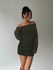 Aloruh 灰色露肩高领长袖迷你连衣裙，上衣宽松下装紧身，适合年轻女士，秋冬 - 軍綠色 - 查看 4