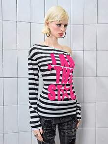 ROMWE Avant Y2K风格彩色条纹拼接露脐上衣 - 黑與白 - 查看 3