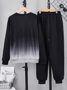 2件套青少年男童休闲渐变圆领套头卫衣套装，字母领设计，渐变时尚，适合秋冬季日常穿着 - 黑色 - 查看 2