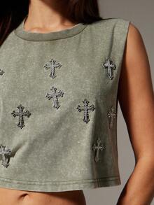 Denimoi Áo ba lỗ khoét nách trễ đính đá chéo, thời trang, áo crop top - Màu xanh Ô liu - Xem 2