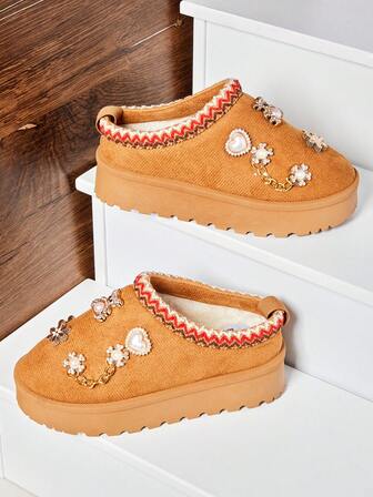 Mini mi #StarryWalk Kinder Perlen & Teddy Dekor Stoff Wildleder Kastanienbraun Geflochtene Plateau Clogs - Gemütliche & Stilvolle Wahl für die Wintertage der kleinen Prinzessin