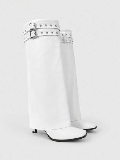 Women's Double Buckle Design Fashion Square Toe Stiletto Heel Knee-High Boots