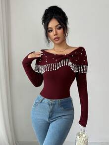 Elenzga Elegant Romantic Knit Sweater For Women With Flared Cuffs, Bow, Pearl & Tassel Decor, Waist Cinched - Burgundy - View 4