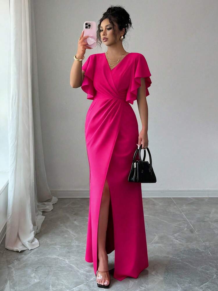 Elenzga Vestido elegante y romántico para mujer con cuello en V, mangas con volantes, cintura ceñida, abertura y bajo de cola de sirena - Rosa Fucsia - Añade 3