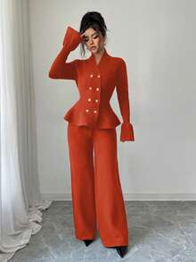 Elenzga Bộ 2 món: Áo khoác cardigan cổ đứng tay loe thắt eo thanh lịch dành cho người đi làm thường ngày màu xanh lam & áo len dệt kim ống đứng, Thu/Đông - trái cam - Xem 6