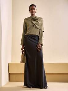 Zivah 2025 Autumn/Winter New Year, Valentine's Day, Party, Banquet, Date, Birthday Party, College Style, Student Wear, Daily Outings, Basic Versatile, Casual, Cruise Travel, Trending, Elegant, Commute, Business Casual, Minimalist, Round Neck Long Sleeve, Front Pleated, Left Shoulder Draped Tie, Metal Decor Button On Shoulder, Loose Straight Cut, Dark Brown Bamboo Fabric, Elegant Blouse, Commuter Blouse, Women's Blouse - Rust Brown - View 5