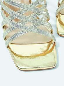Gold All Rhinestones Shining Women's Square Toe Glass High Heels - Gold - View 5
