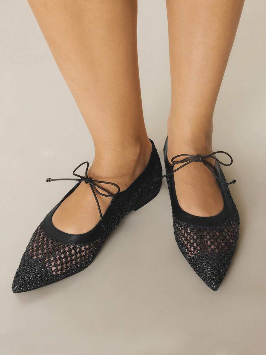 Styleloop Women's Pointed Toe Flat Woven Fabric Shoes, Fashionable Minimalist Comfortable For Daily, Party, Beach, Lace-Up Design - Black - View 1