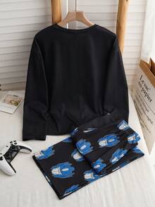 Transformers X SHEIN 男童机器人图案圆领落肩长袖针织上衣和裤子休闲睡衣两件套 - 黑色 - 查看 2