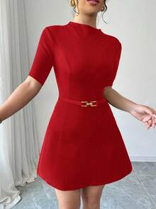 Elenzga 时尚新款立领小黑裙，女士优雅纯色立领中袖A字金属腰带连衣裙，高弹纹理面料，纯色，时尚修身，适合通勤、日常休闲、返校季、教师装、职业装 - 紅色 - 查看 6