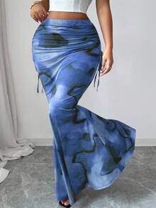 Elenzga Chân váy đuôi cá xếp ly cạp cao ôm sát, họa tiết nhuộm loang cổ điển, thiết kế thanh lịch và đa năng dành cho nữ, thích hợp cho mùa tựu trường vào mùa xuân và mùa thu - Màu xanh lam - Xem 3