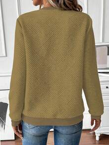 SHEIN LUNE Women's Autumn Sweatshirt, Notch Neck, Long Sleeve, Raglan Sleeve, Ribbed Splice, Zipper Decor, Textured Fabric - Brown - View 2