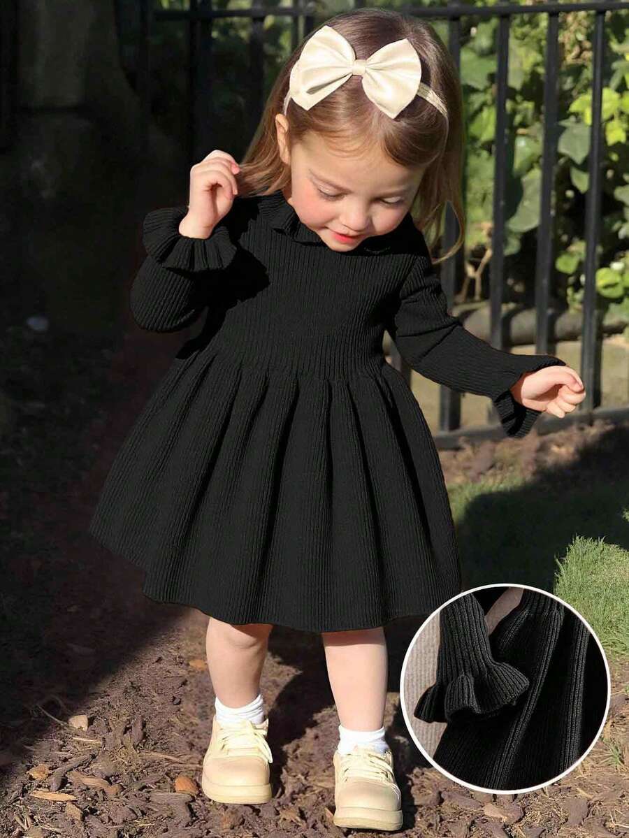 SHEIN Vestido de manga larga de punto de unicolor para bebé niña, otoño/invierno - Negro - Ver 1