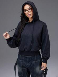 Bloopia 复古摇滚叛逆甜美酷女孩风格时尚优雅百搭女式秋冬新款扎染面料宽松休闲可调节抽绳连帽长袖卫衣 - 黑色 - 查看 3