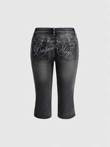 ROMWE Avant Y3K Electronic Music Metallic Silver Skinny Low Waist Women's Cropped Jeans - Black - View 2