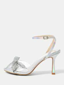 Zapatos de tacón de aguja y punta estrecha para mujer con decoración de flor con diamantes de imitación para vestido de primavera y verano - Plateado - Ver 4